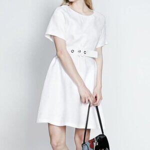 Hugo Boss short sleeve belted linen dress in white